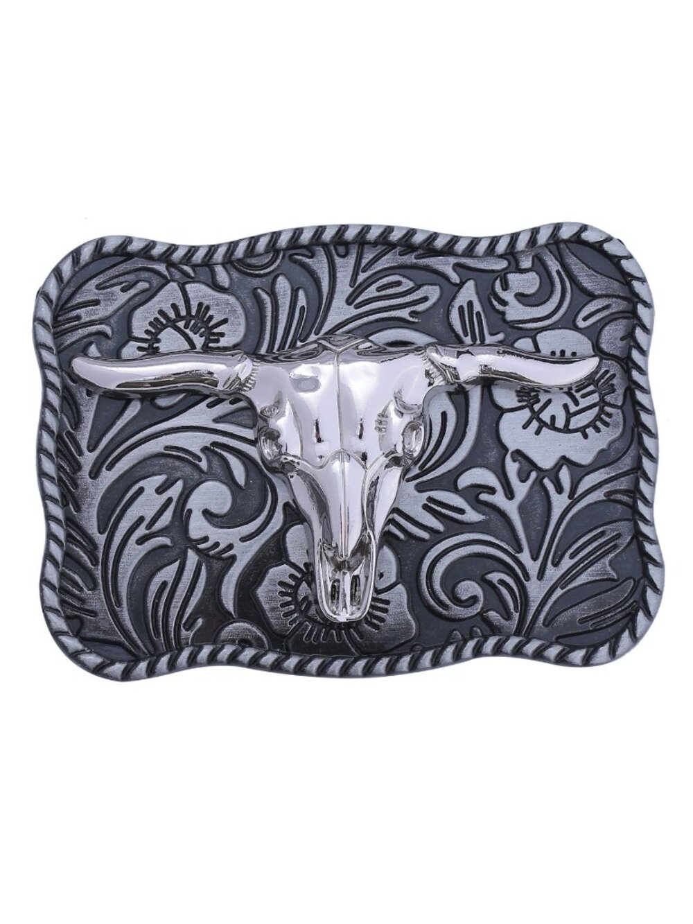 Chrome Longhorn Skull Western Bull Belt Buckle Engraved Cowboy Unisex 3.5 x 2.5
